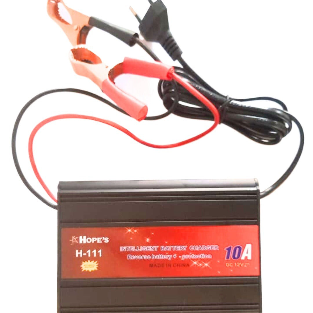 Hopes H-111 Intelligent Battery Charger for Cars Bikes and UPS Battery - 10 Amps -Reverse Battery + - Protection Automatic - 10A DC 12V