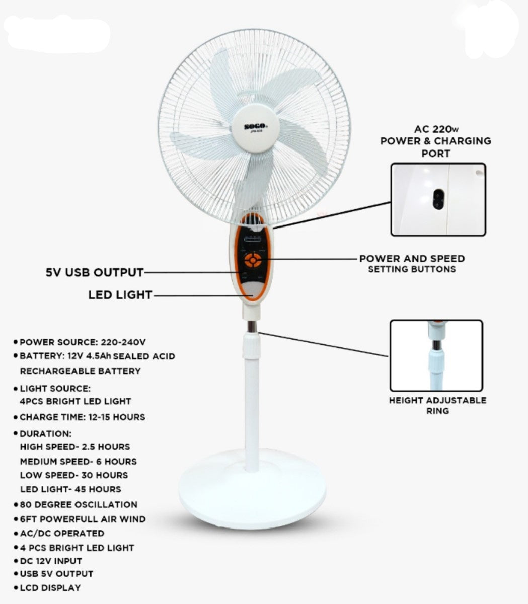 Sogo Rechargeable Stand / Pedestal Fan (JPN-633) with LED Light & USB Output