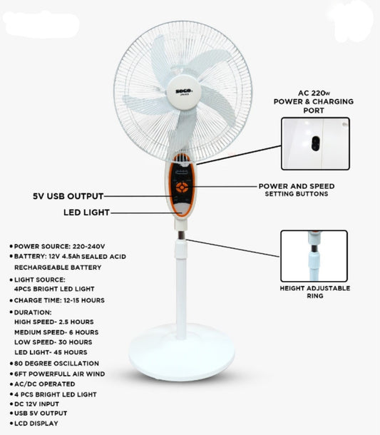Sogo Rechargeable Stand / Pedestal Fan (JPN-633) with LED Light & USB Output