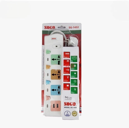 Sogo SG-1432 Extension Socket – 3 Universal Outlets, 5m Cable, Individual Switches, 2 USB Ports (2.1A)